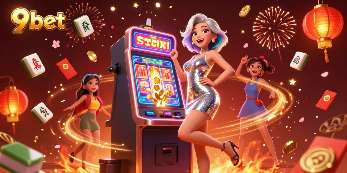 Celebrate winnings at 9bet with a vibrant casino illustration featuring a slot machine jackpot!