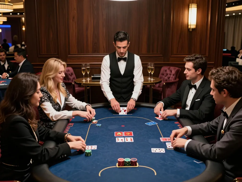 Players enjoying an intense poker game at LV88's exclusive VIP table in a stunning casino.
