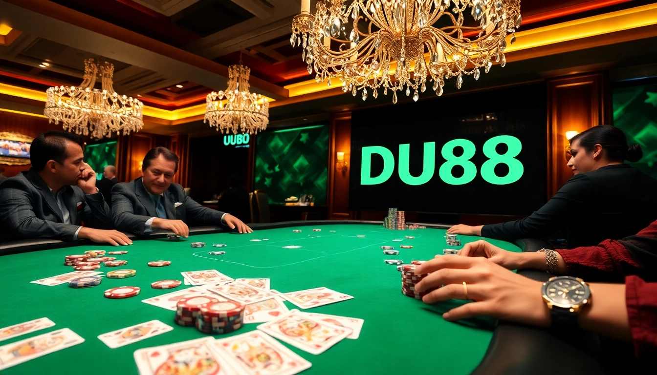 Exciting poker table scene featuring the keyword DU88, vibrant cards, and colorful chips.