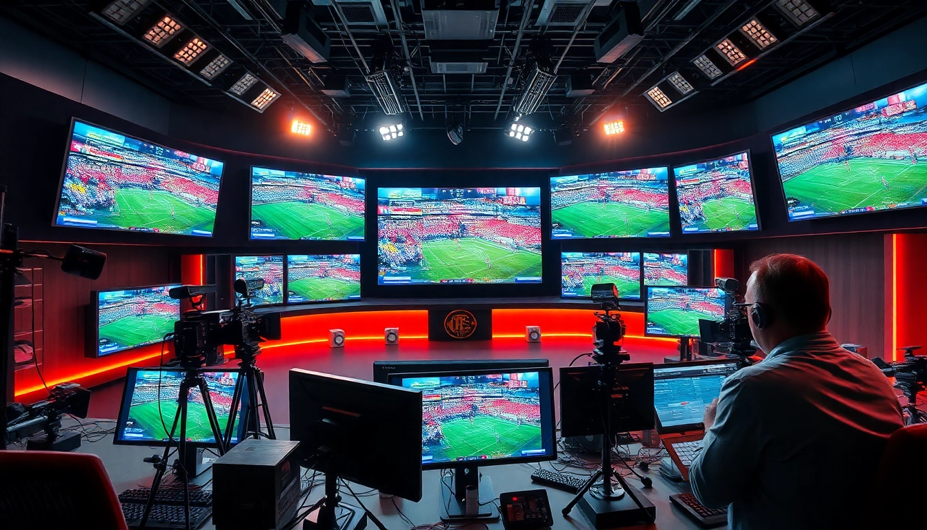 Engaging scene of sports broadcasting studio with live games and technicians working.