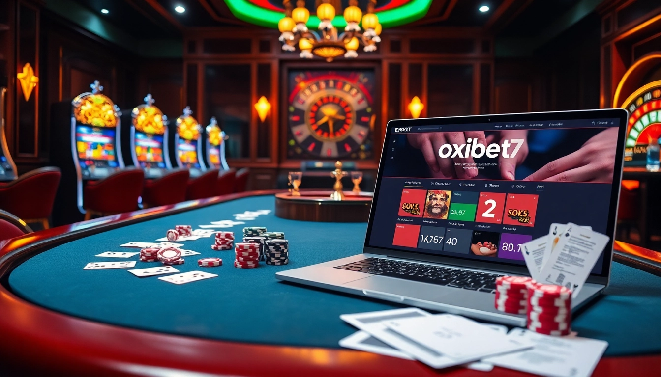 The vibrant atmosphere of online gambling with poker chips and cards at https://oxbet7.com/ inviting players to stake their bets.