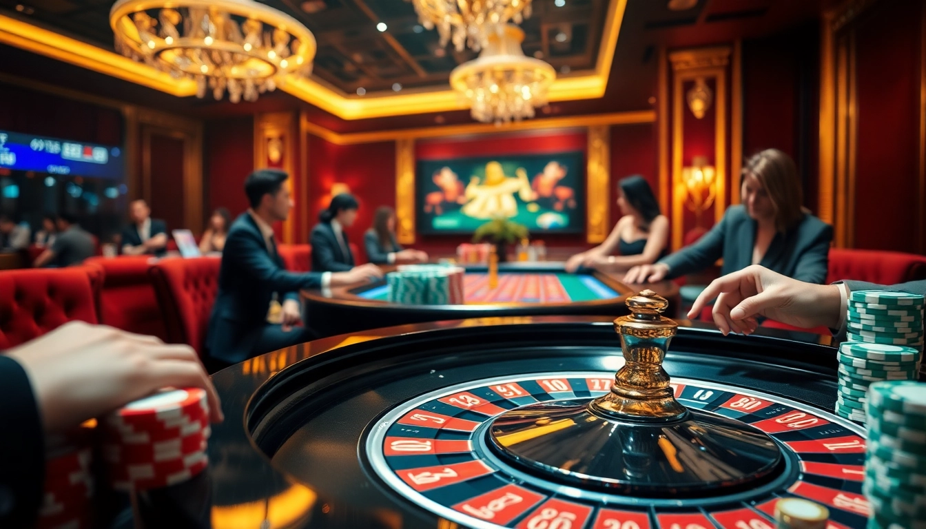 Players engaging at the nhà cái cm88 casino table, showcasing vibrant poker chips and a lively atmosphere.