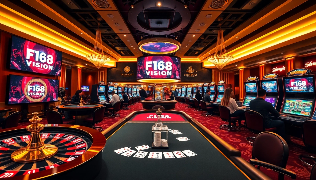 Engaging players at https://f168.vision/ site with poker chips and roulette wheel in vibrant casino.