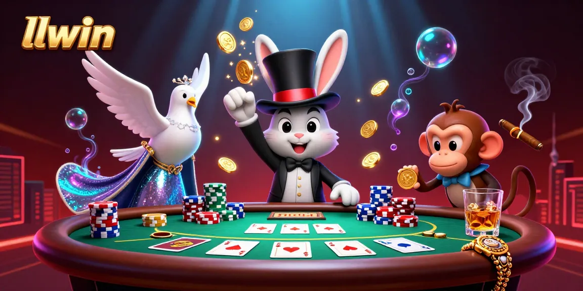 Experience the excitement of LLWIN with a magician rabbit, playful monkey, and dazzling dove at a vibrant casino scene.