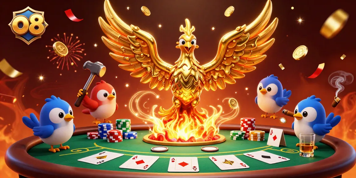 Join the excitement of o8 with a golden phoenix celebrating poker wins amidst vibrant casino elements.