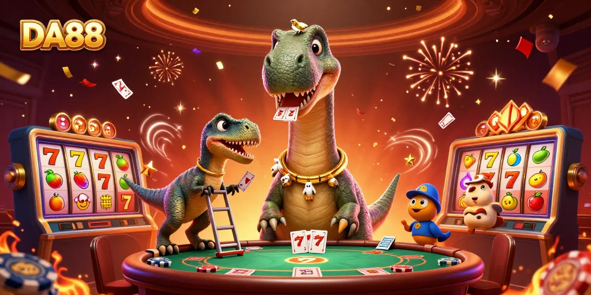 DA88 delivers excitement with a giant dinosaur overseeing lively slot games at a vibrant casino scene.