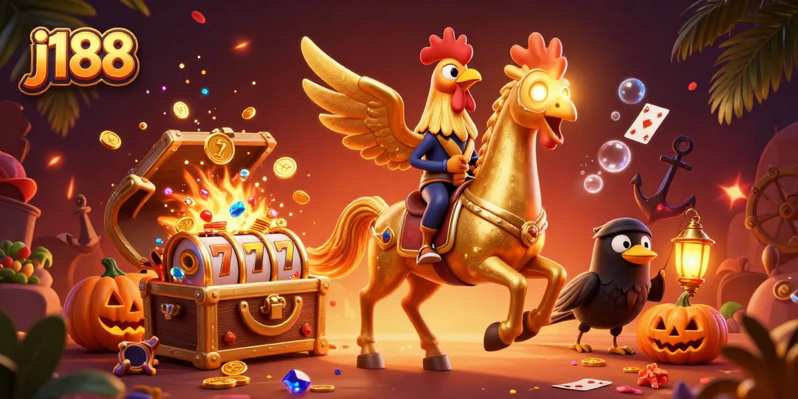 Experience thrilling slots at j188 with a golden rooster mascot in a vivid casino scene.