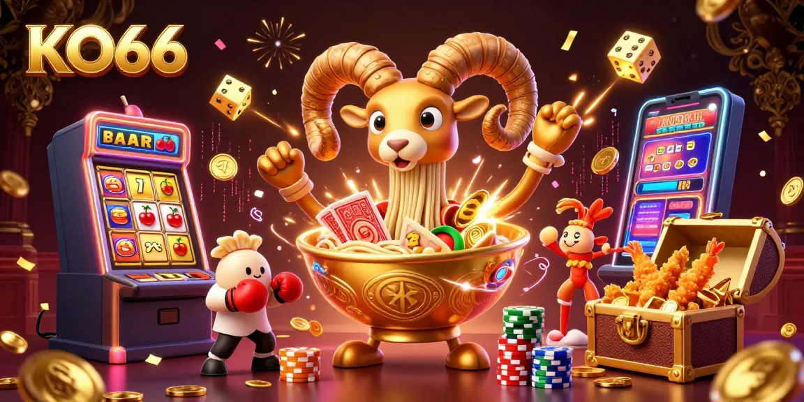 KO66 presents a vibrant casino scene with animated characters, casino games, and a jackpot explosion.