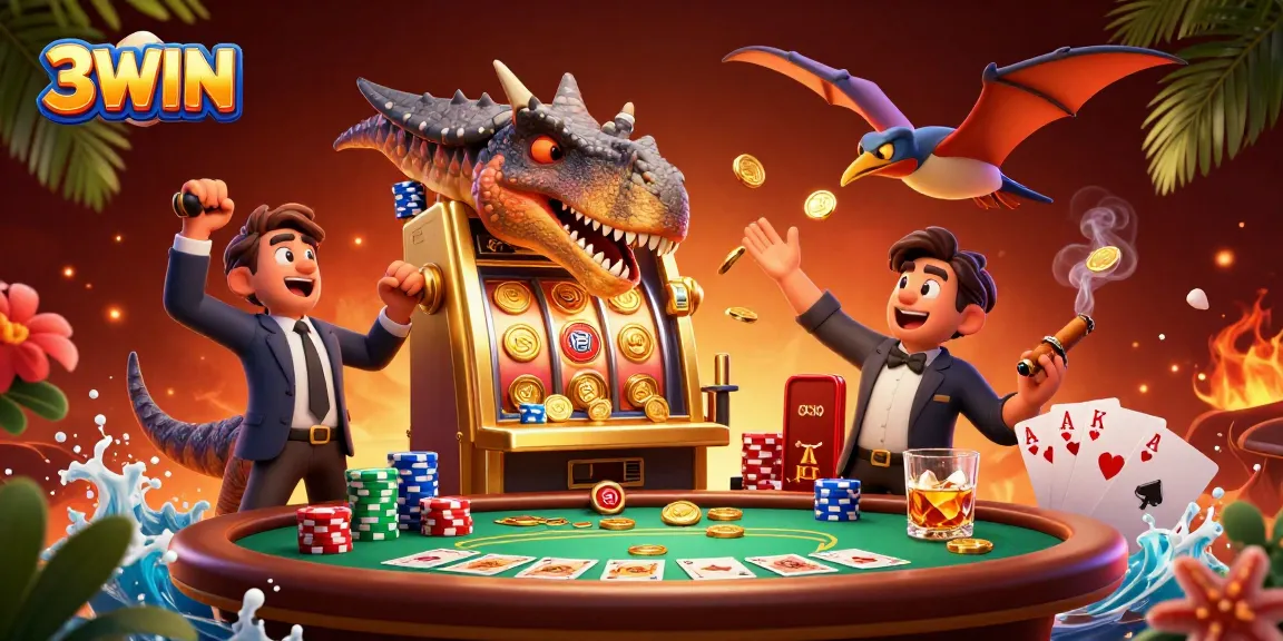 3WIN: A cartoon pachycephalosaurus hits a slot machine for jackpot coins in a casino.