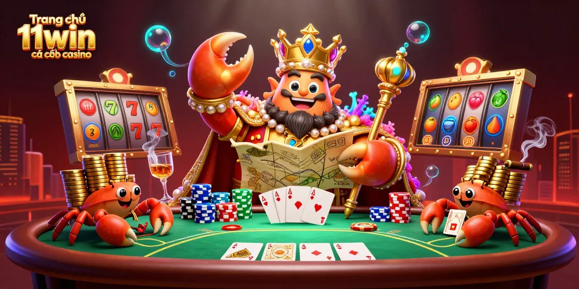Engage with Trang chủ 11win cá cược casino showcasing a vibrant casino scene filled with a golden crab emperor and lively gaming elements.