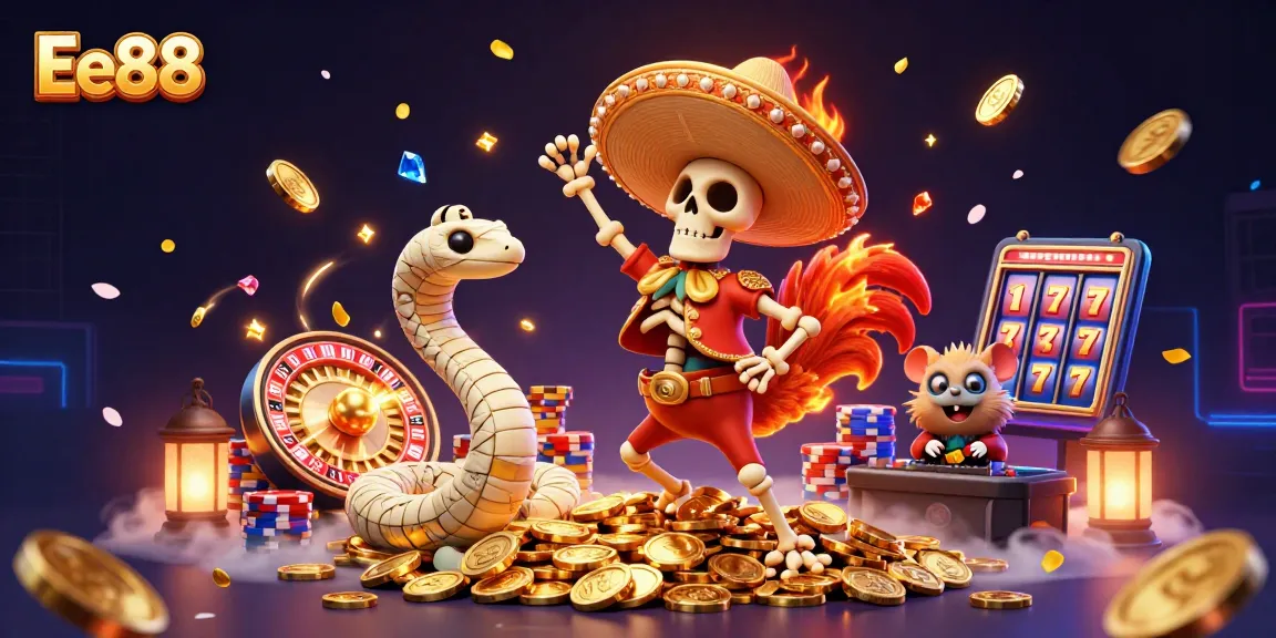 Experience excitement at Ee88 as the mariachi rooster spins amidst poker chips and golden coins.