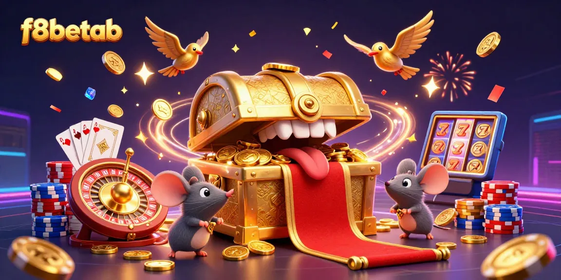 Experience thrilling wins at f8betab with a vibrant 3D casino illustration filled with treasures and dynamic gameplay.