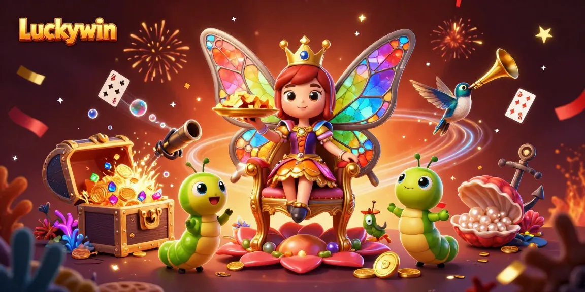 Experience the vibrant world of Luckywin with the butterfly queen amidst explosive treasures and festive elements.