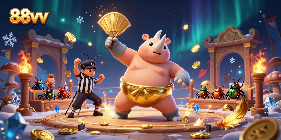 88vv casino scene showcasing a rhinoceros beetle sumo champion winning with flying coins.