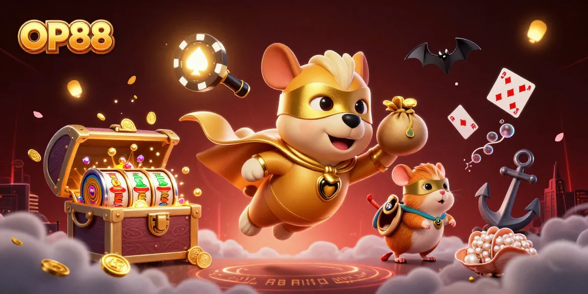Experience the thrill of OP88 with a superhero dog and hamster surrounded by exciting gaming elements.